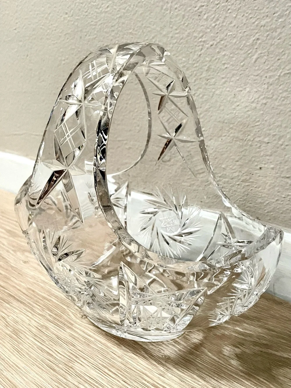 Cut Crystal Basket — Clear Glass Decorative Bowl